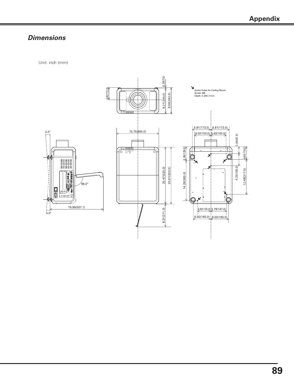 Dimensions, Appendix, Unit: inch (mm) | Sanyo PDG-DHT8000L User Manual | Page 89 / 94