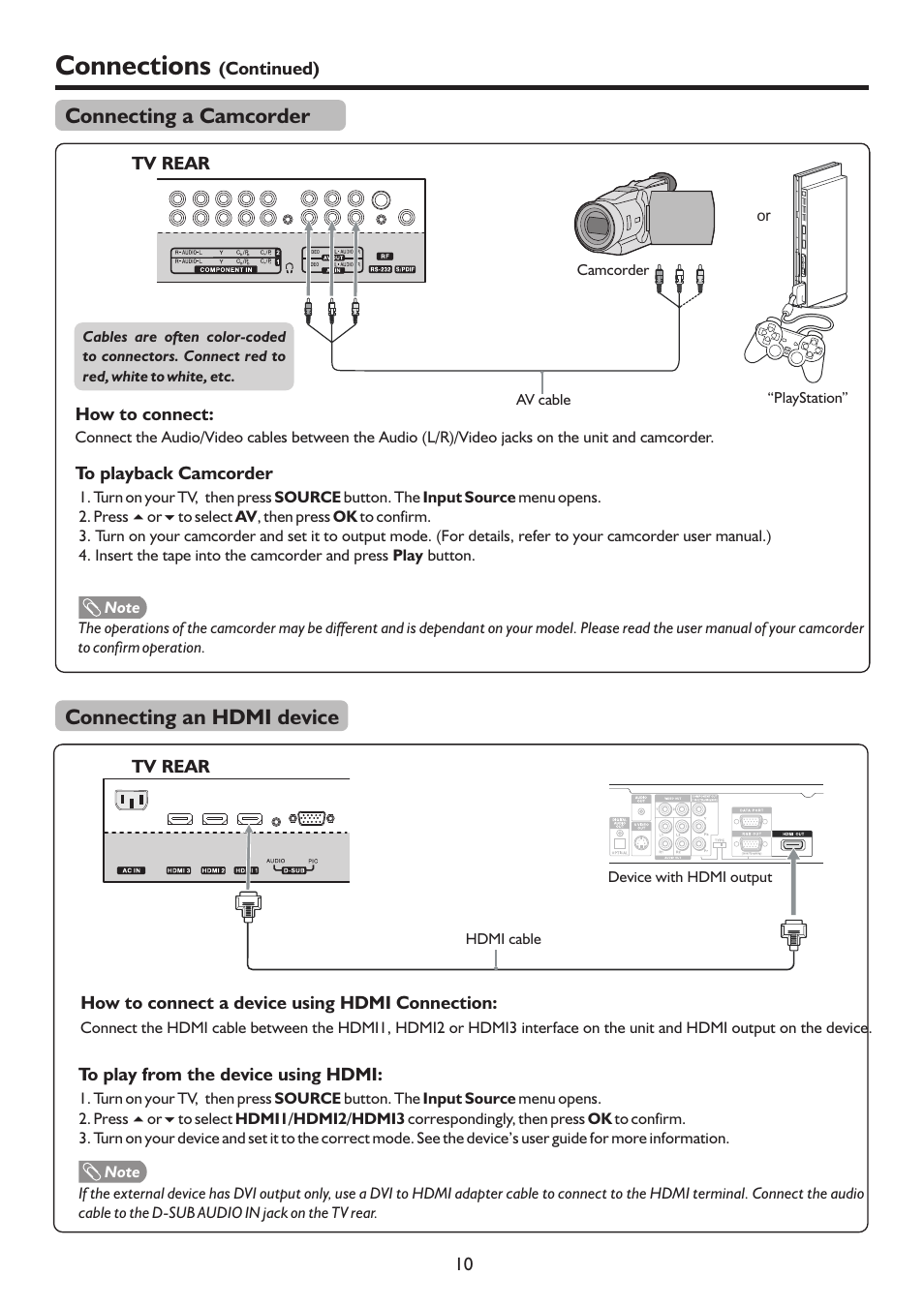 页 13, Connections, Connecting a camcorder | Connecting an hdmi device | Sanyo LCD-26XR9DA User Manual | Page 13 / 38