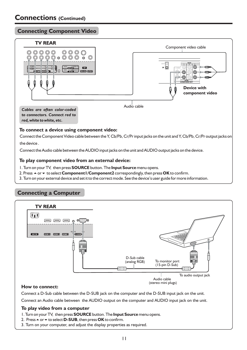 页 14, Connections, Connecting component video | Connecting a computer | Sanyo LCD-26XR9DA User Manual | Page 14 / 38