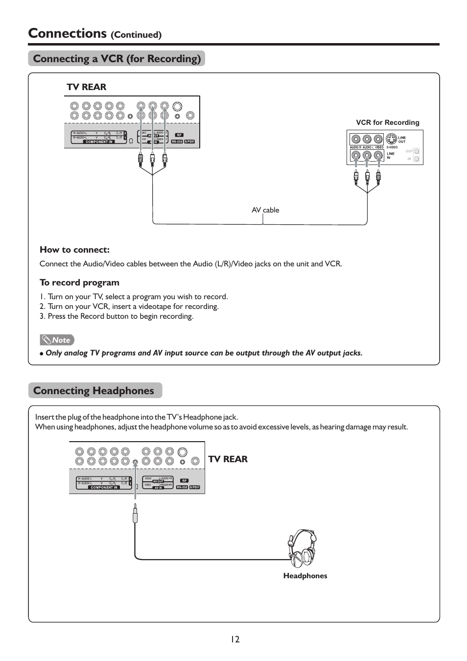 页 15, Connections, Connecting a vcr (for recording) | Connecting headphones | Sanyo LCD-26XR9DA User Manual | Page 15 / 38