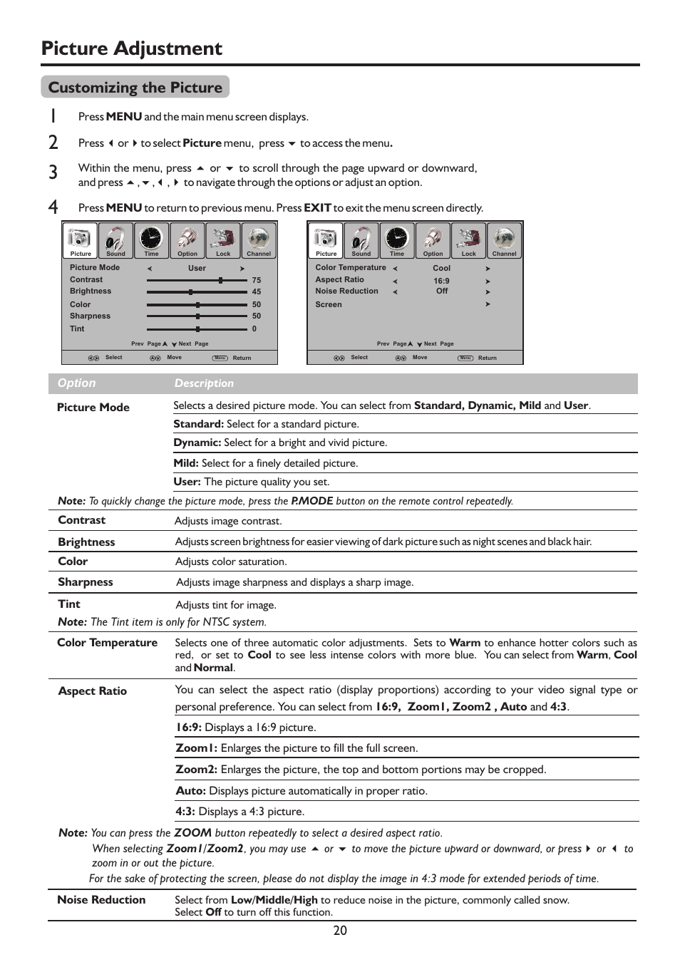页 23, Picture adjustment, Customizing the picture | Sanyo LCD-26XR9DA User Manual | Page 23 / 38