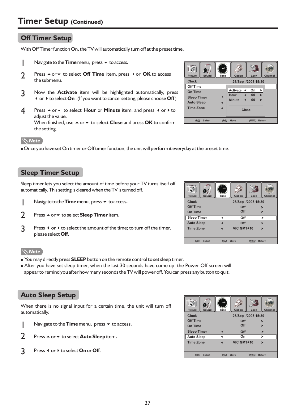 页 30, 4timer setup, Off timer setup | Sleep timer setup, Auto sleep setup, Continued) 27 | Sanyo LCD-26XR9DA User Manual | Page 30 / 38
