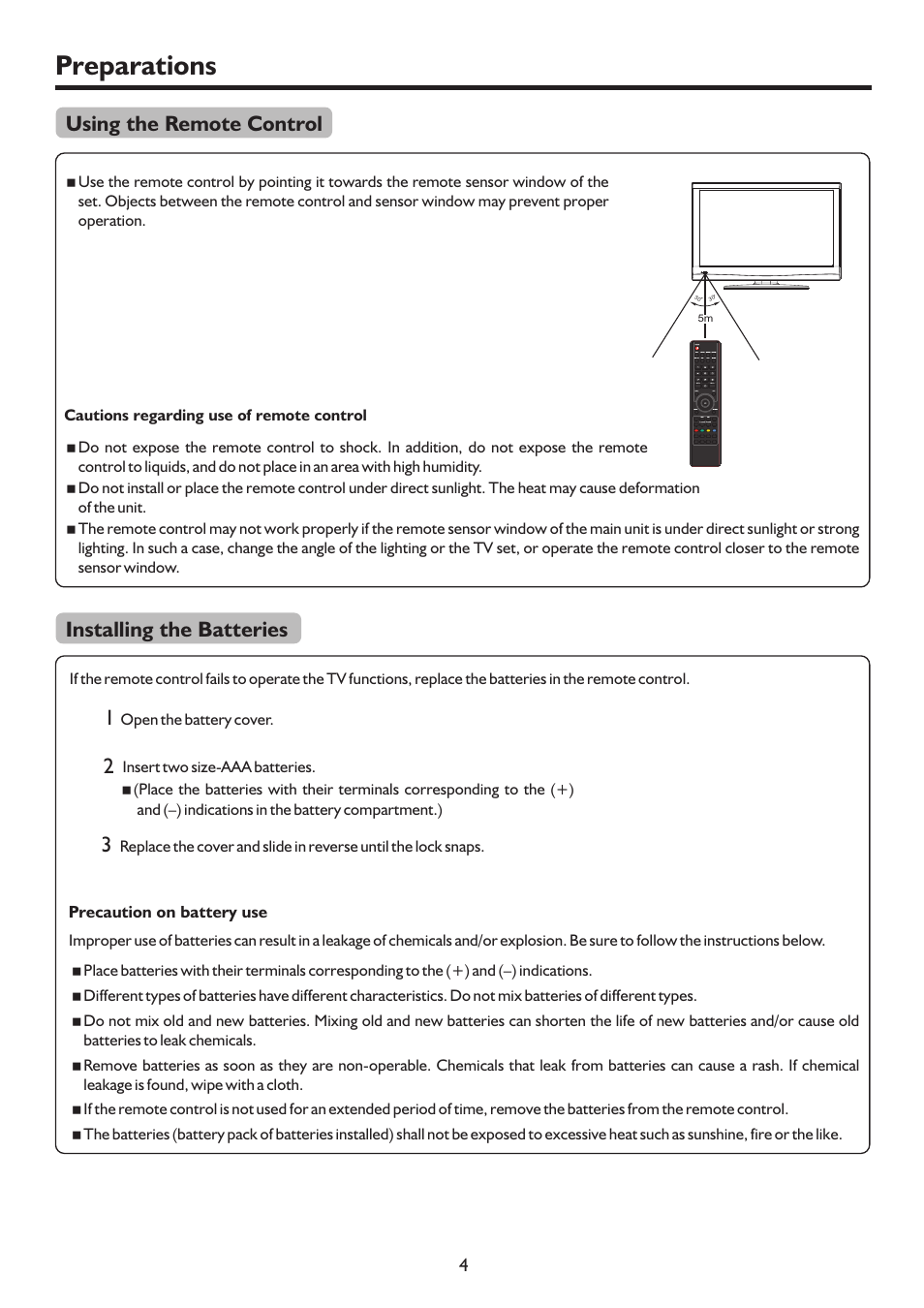 Preparations, Using the remote control installing the batteries | Sanyo LCD-26XR9DA User Manual | Page 7 / 38