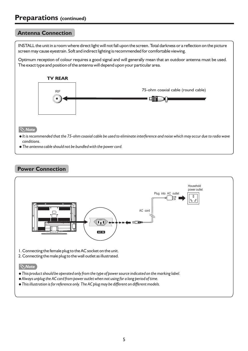 Preparations, Antenna connection, Power connection | Sanyo LCD-26XR9DA User Manual | Page 8 / 38
