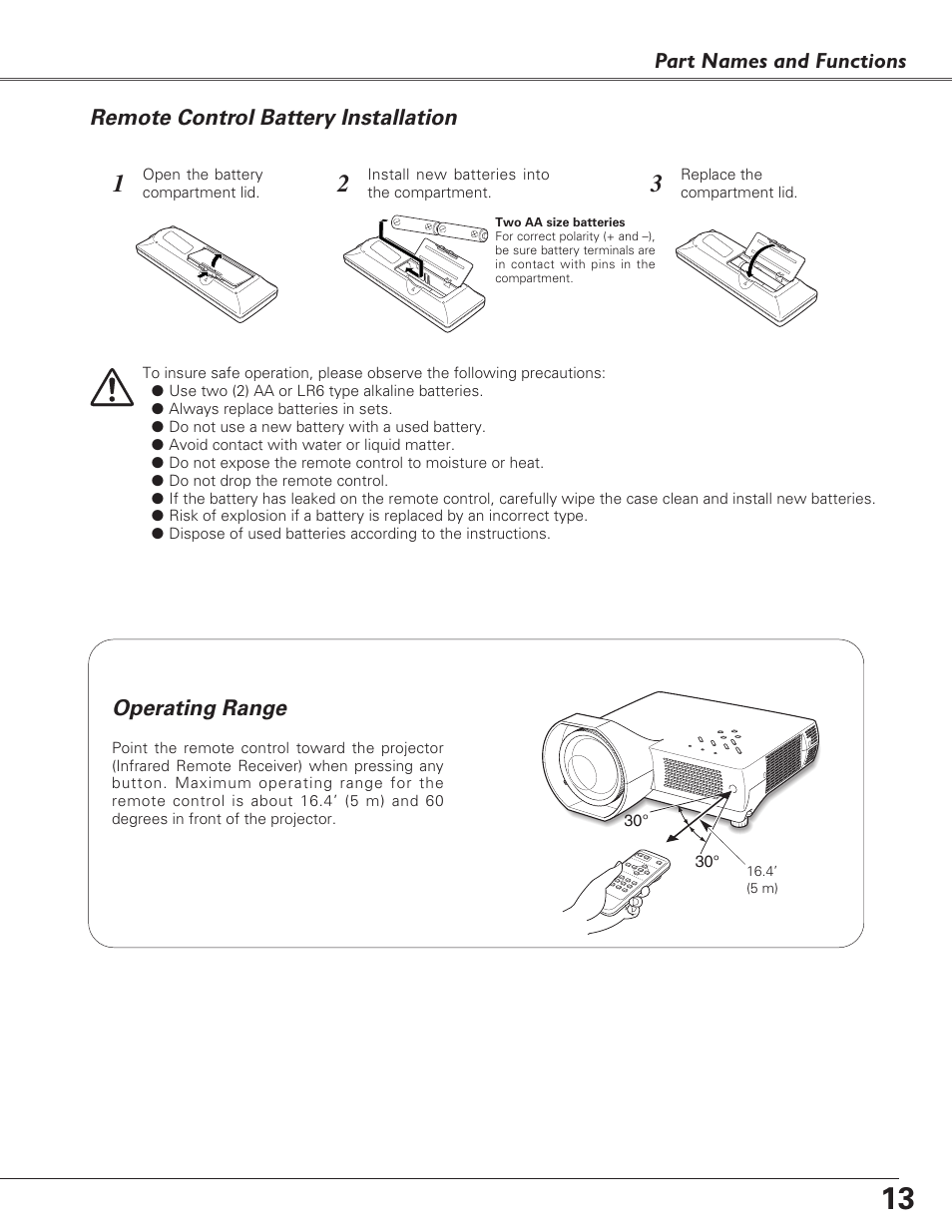 Remote control battery insta, Operating range, Remote control battery installation | Part names and functions | Sanyo PLC-XL40 User Manual | Page 13 / 68