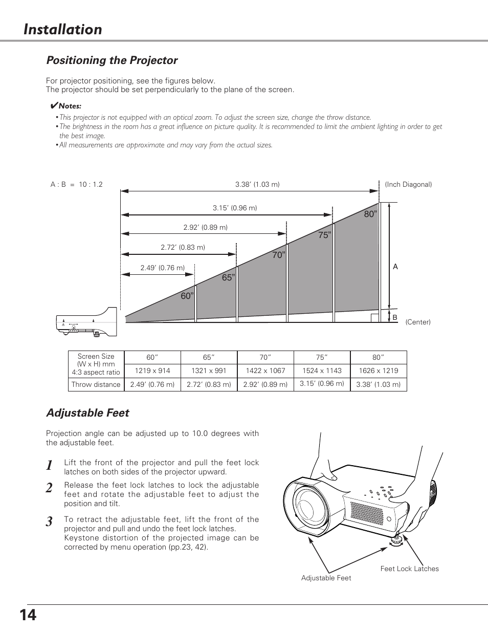 Installation, Positioning the projector, Adjustable feet | Adjustable feet positioning the projector | Sanyo PLC-XL40 User Manual | Page 14 / 68