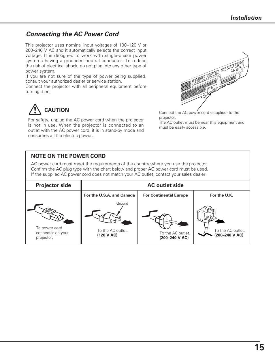 Connecting the ac power cord, Installation | Sanyo PLC-XL40 User Manual | Page 15 / 68