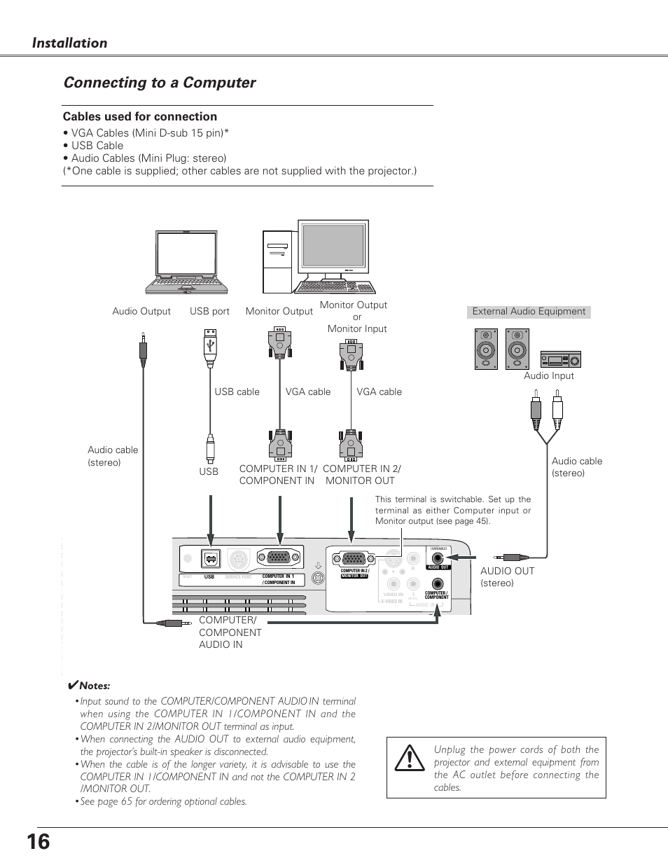 Connecting to a computer, Installation connecting to a computer, Cables used for connection | Sanyo PLC-XL40 User Manual | Page 16 / 68