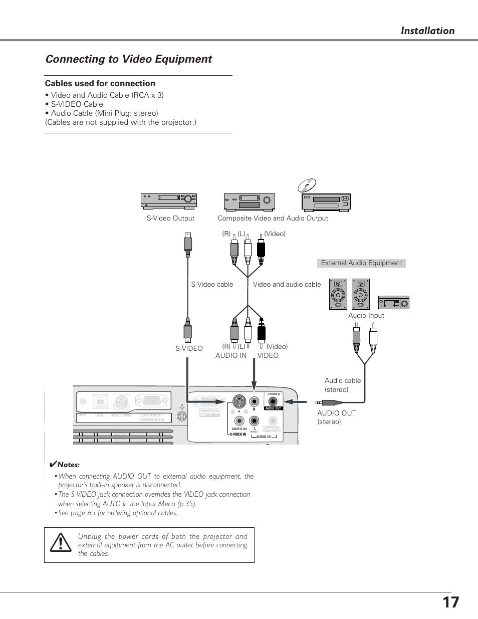 Connecting to video equipment, Installation connecting to video equipment, Cables used for connection | Sanyo PLC-XL40 User Manual | Page 17 / 68