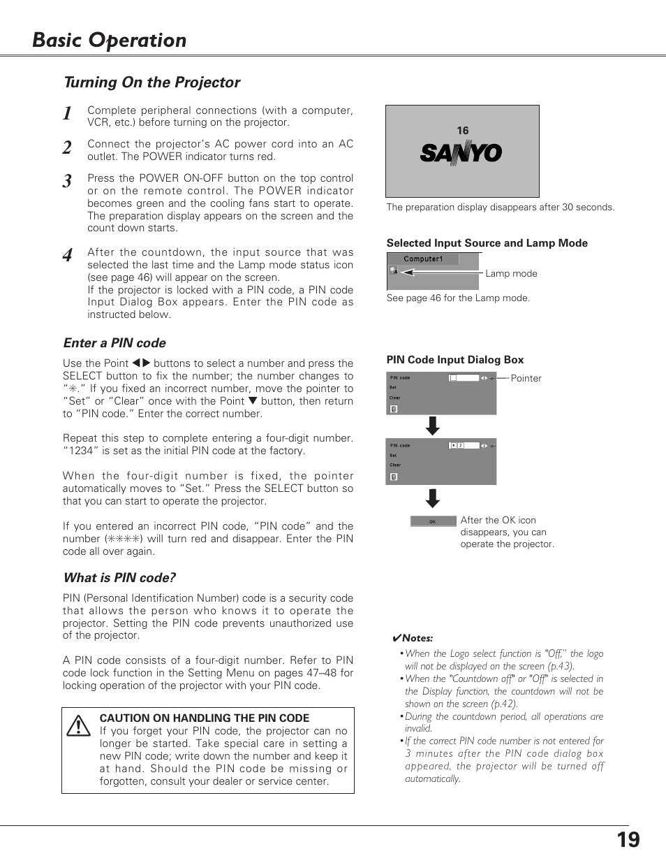 Basic operation, Turning on the projector | Sanyo PLC-XL40 User Manual | Page 19 / 68