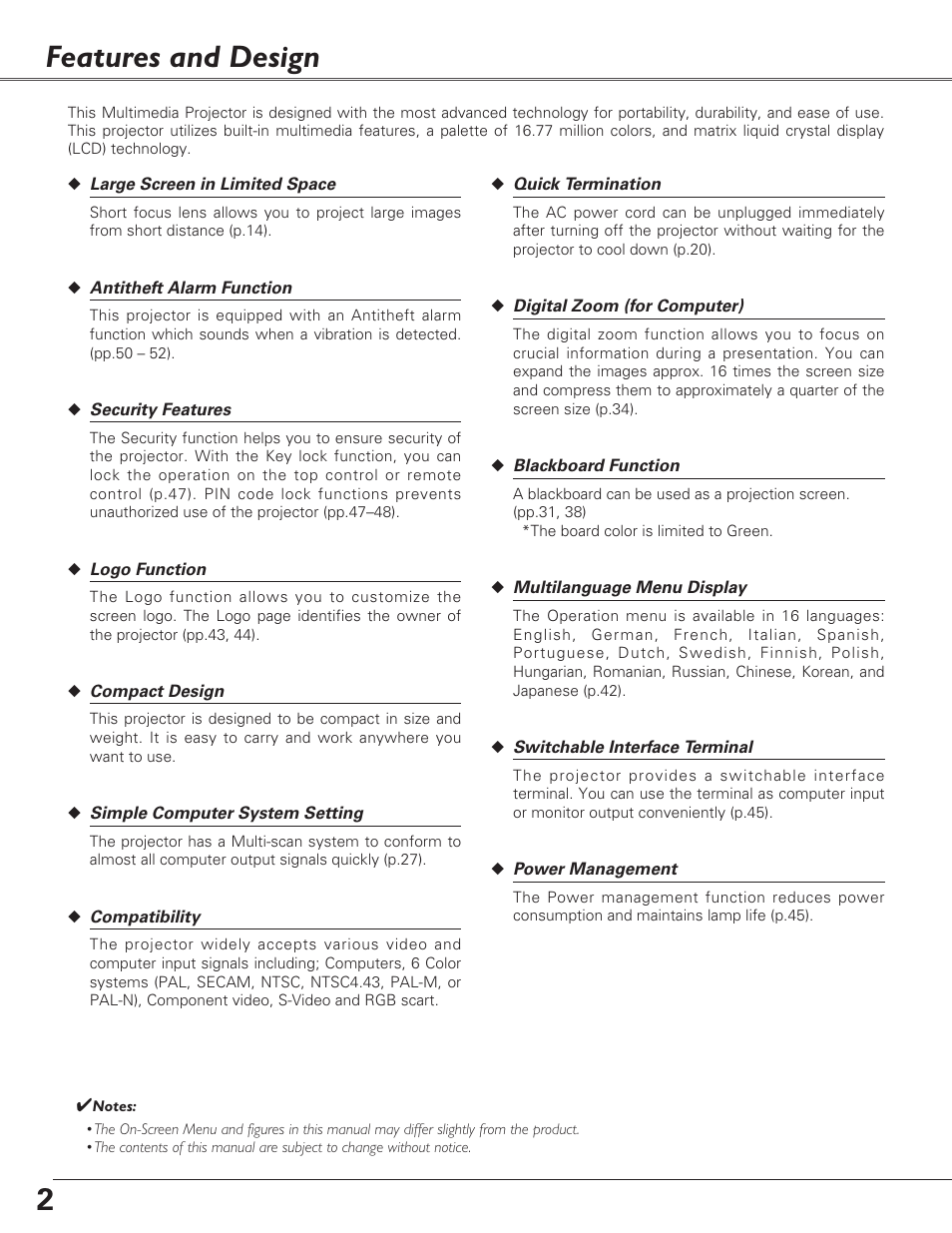 Features and design, 2features and design | Sanyo PLC-XL40 User Manual | Page 2 / 68