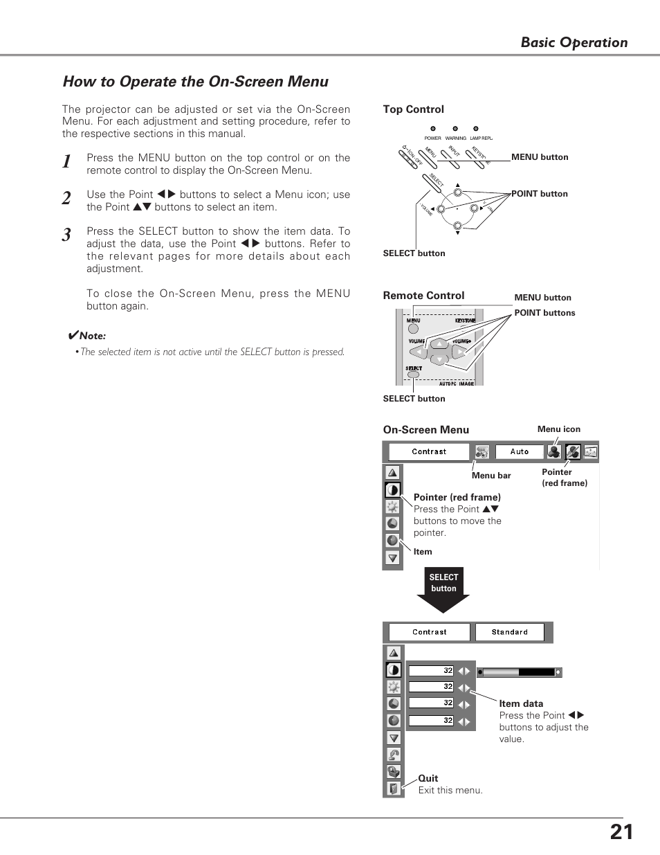 How to operate the on-screen menu, Basic operation | Sanyo PLC-XL40 User Manual | Page 21 / 68