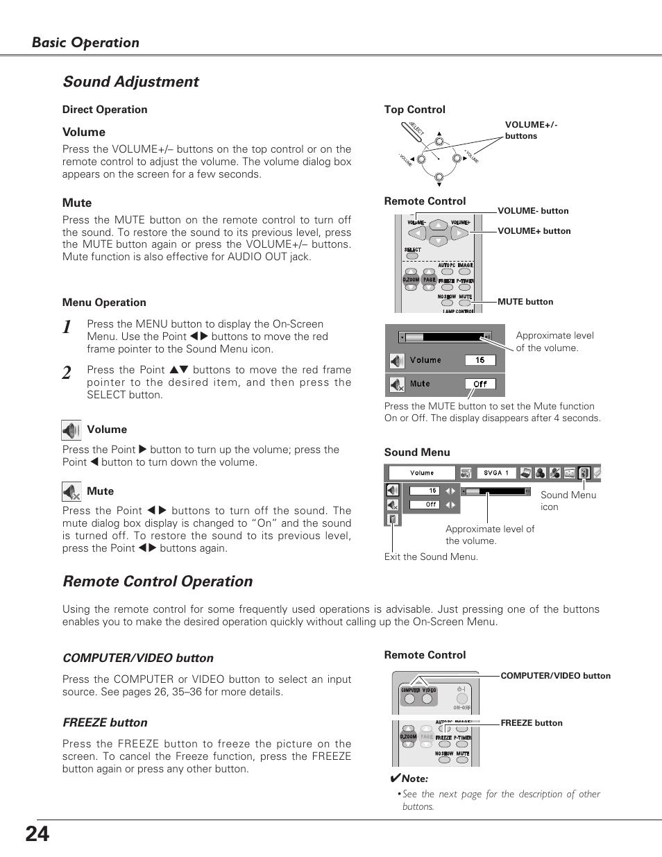 Sound adjustment, Remote control operation, Basic operation | Sanyo PLC-XL40 User Manual | Page 24 / 68