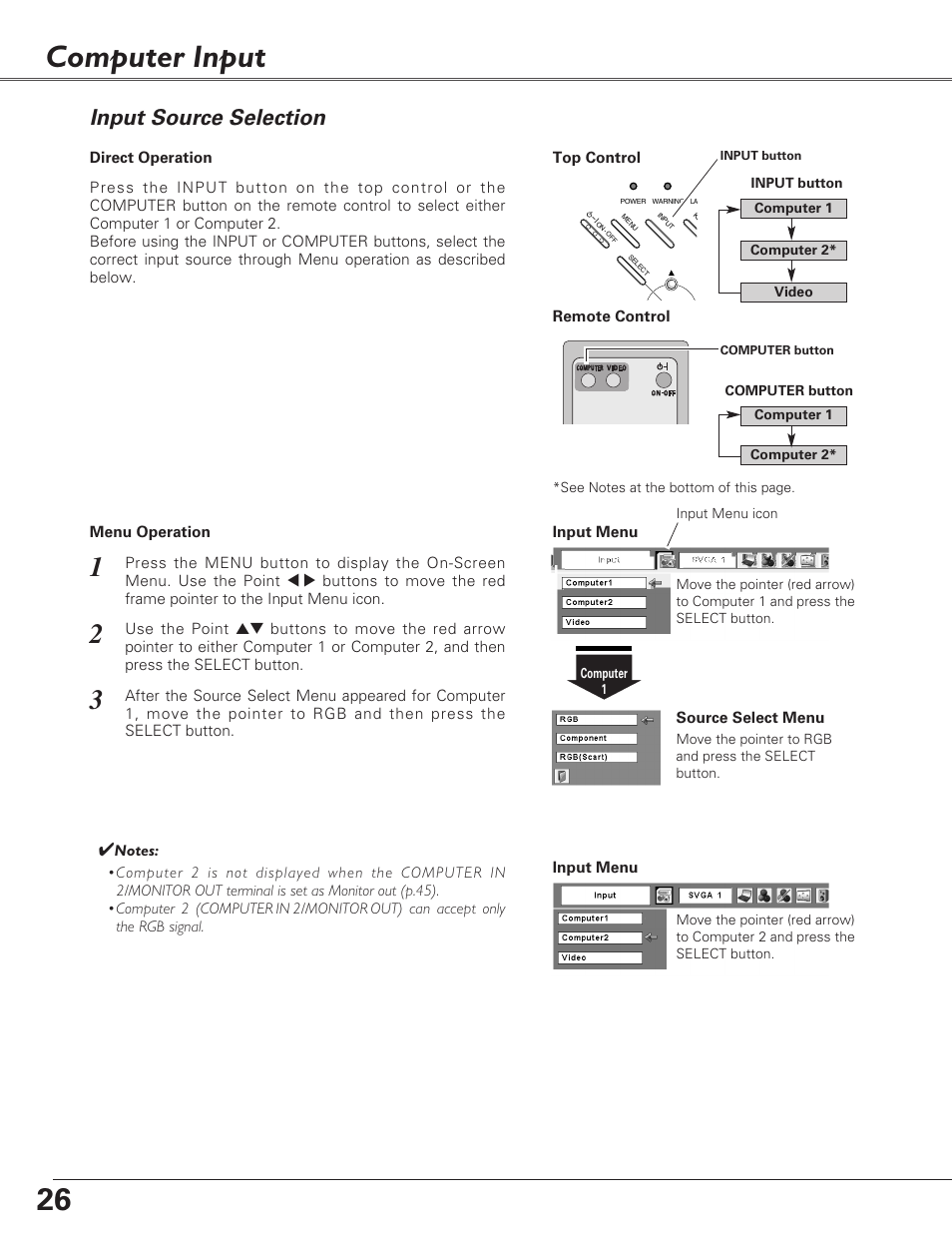 Computer input, Input source selection | Sanyo PLC-XL40 User Manual | Page 26 / 68