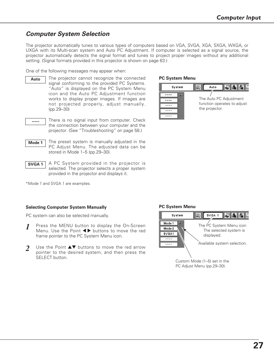 Computer system selection, Computer input | Sanyo PLC-XL40 User Manual | Page 27 / 68