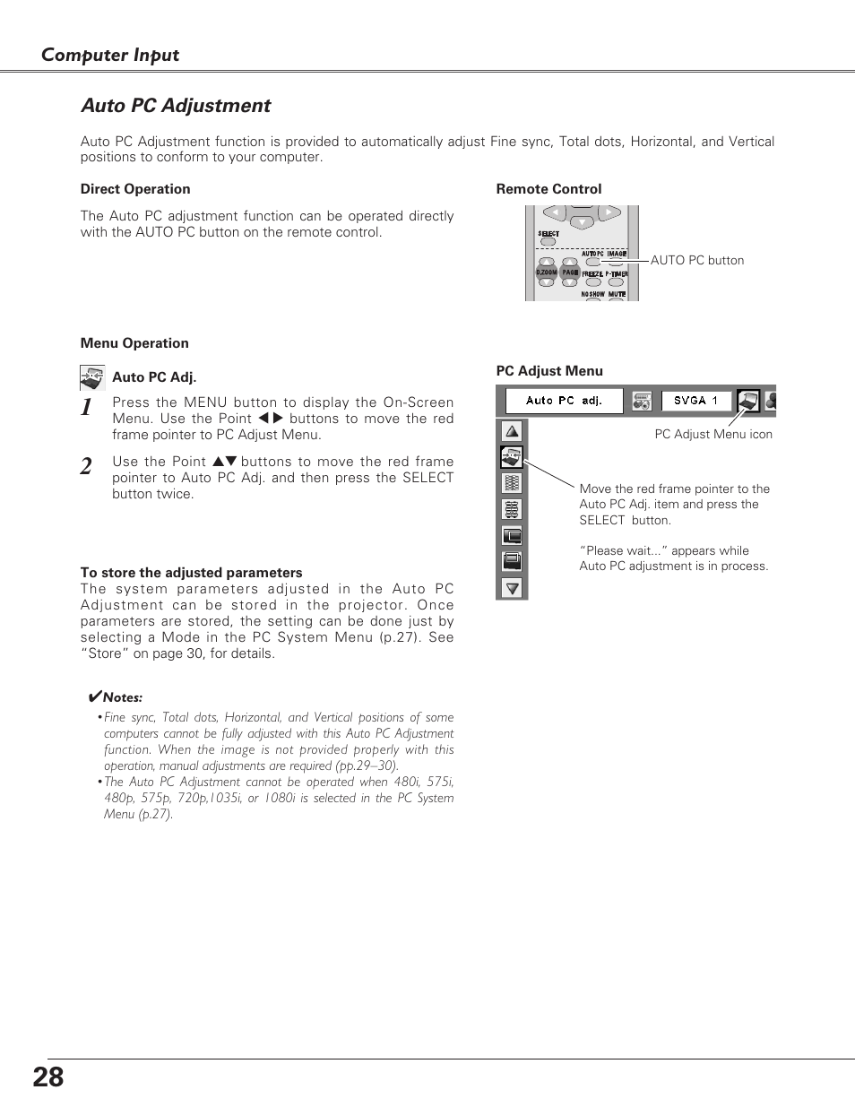 Auto pc adjustment, Computer input | Sanyo PLC-XL40 User Manual | Page 28 / 68