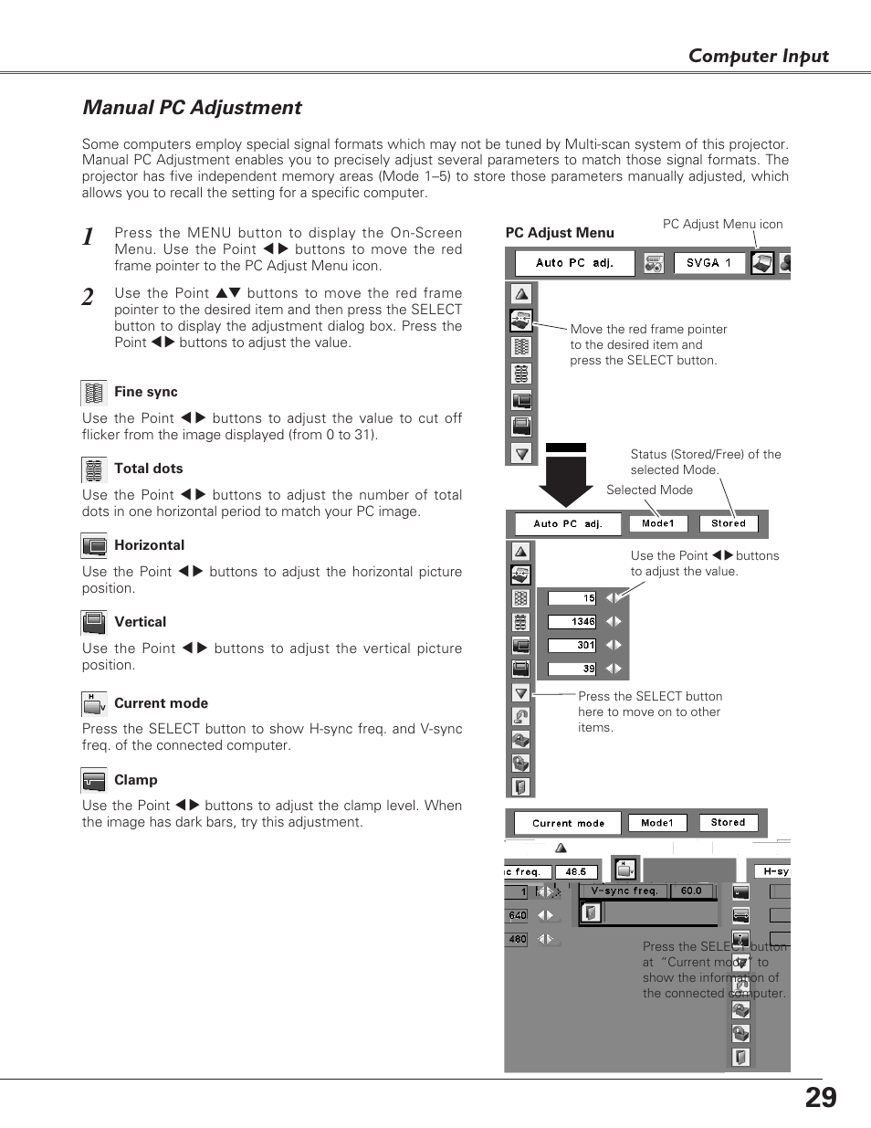 Manual pc adjustment, Computer input | Sanyo PLC-XL40 User Manual | Page 29 / 68