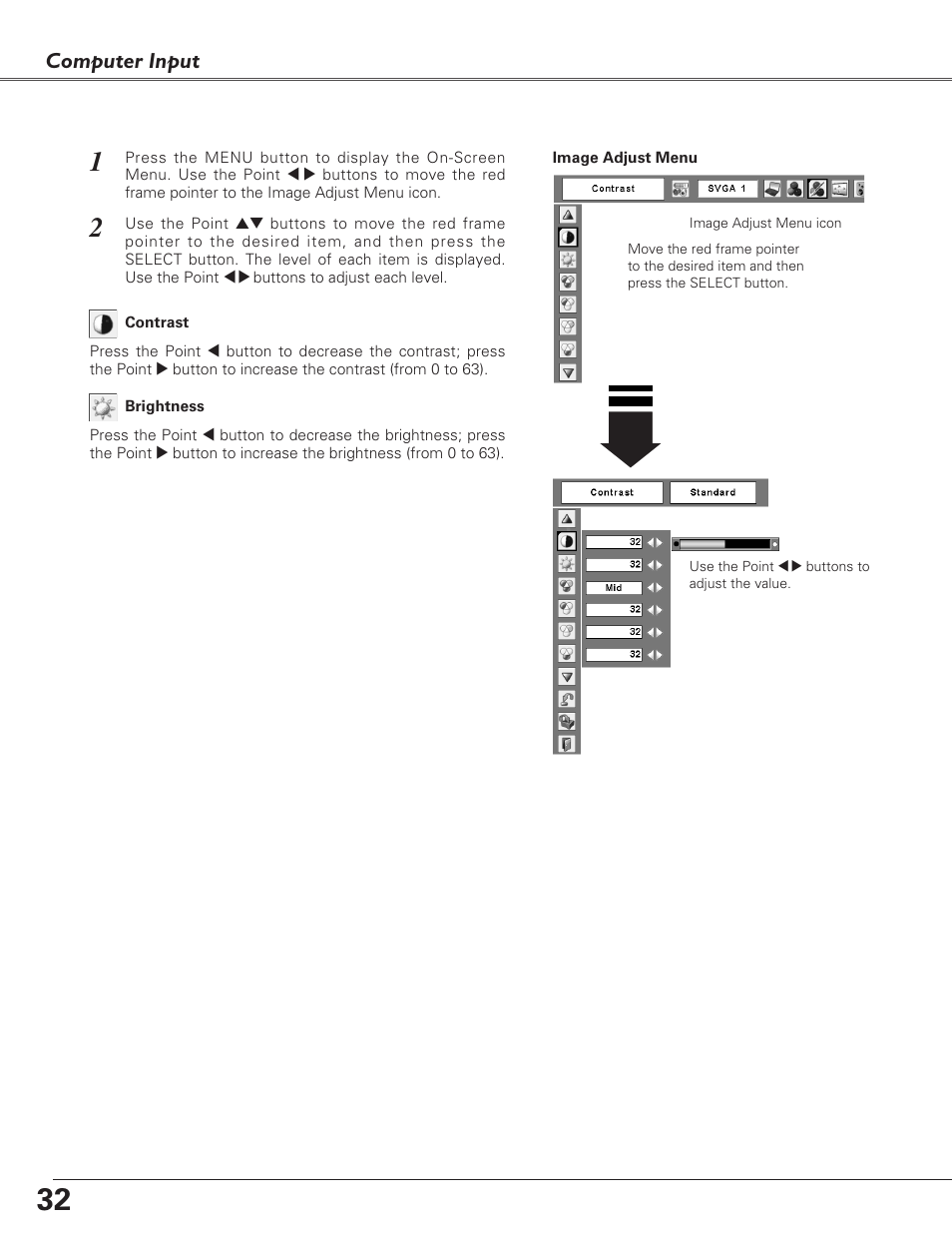 Image level adjustment, Computer input | Sanyo PLC-XL40 User Manual | Page 32 / 68