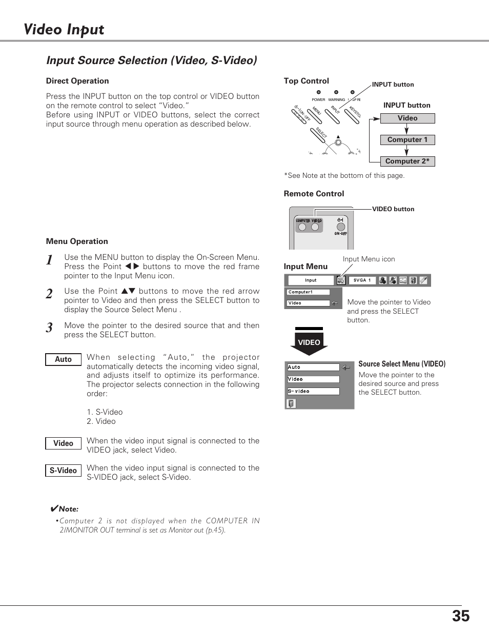 Video input, Input source selection (video, s-video) | Sanyo PLC-XL40 User Manual | Page 35 / 68