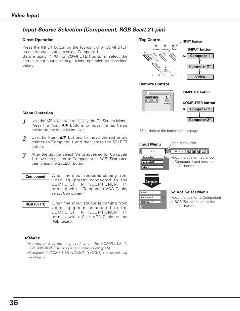 Input source selection, Component, rgb scart 21-pin), Video input | Sanyo PLC-XL40 User Manual | Page 36 / 68