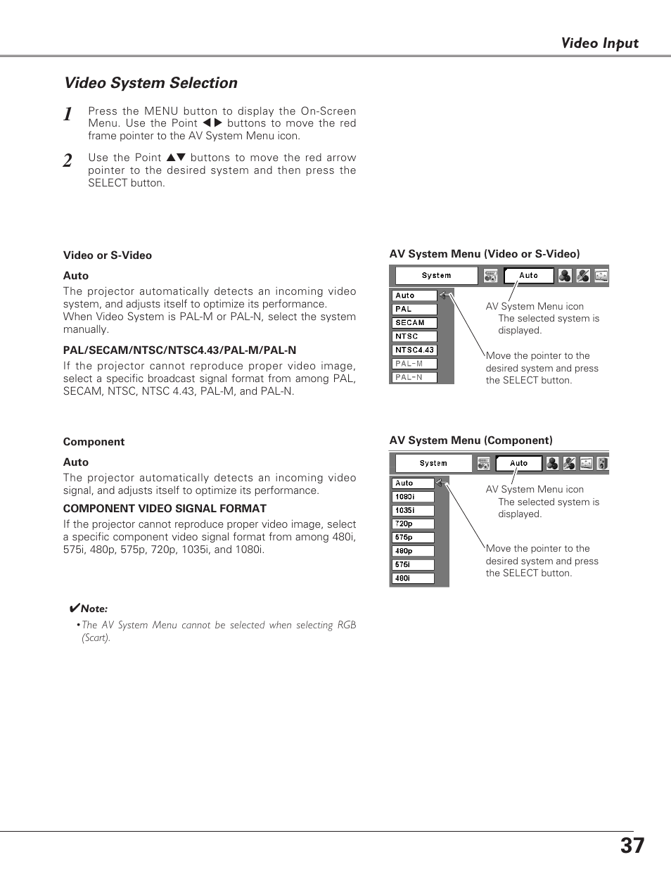 Video system selection, Video input | Sanyo PLC-XL40 User Manual | Page 37 / 68