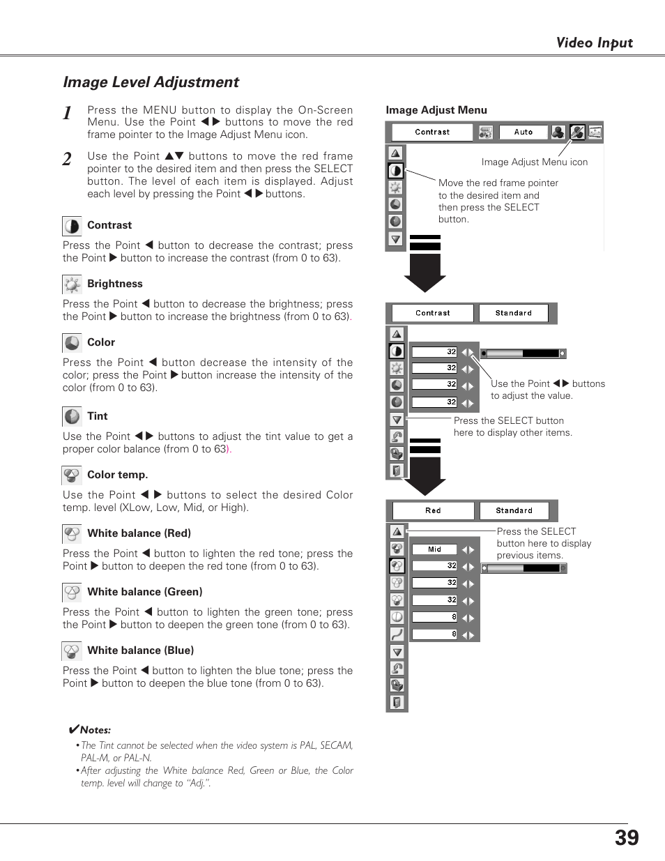 Image level adjustment, Video input | Sanyo PLC-XL40 User Manual | Page 39 / 68
