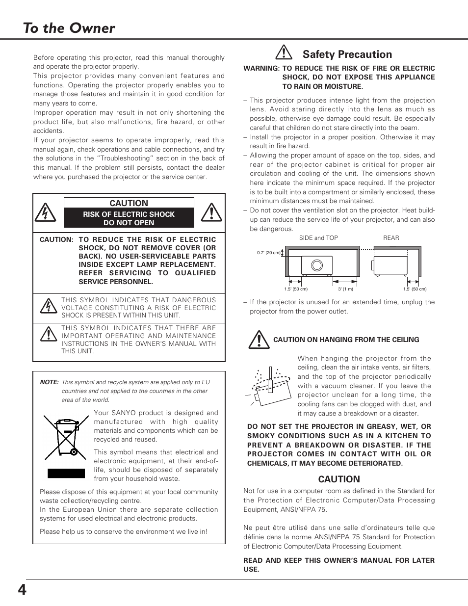 To the owner, 4to the owner, Safety precaution | Caution | Sanyo PLC-XL40 User Manual | Page 4 / 68