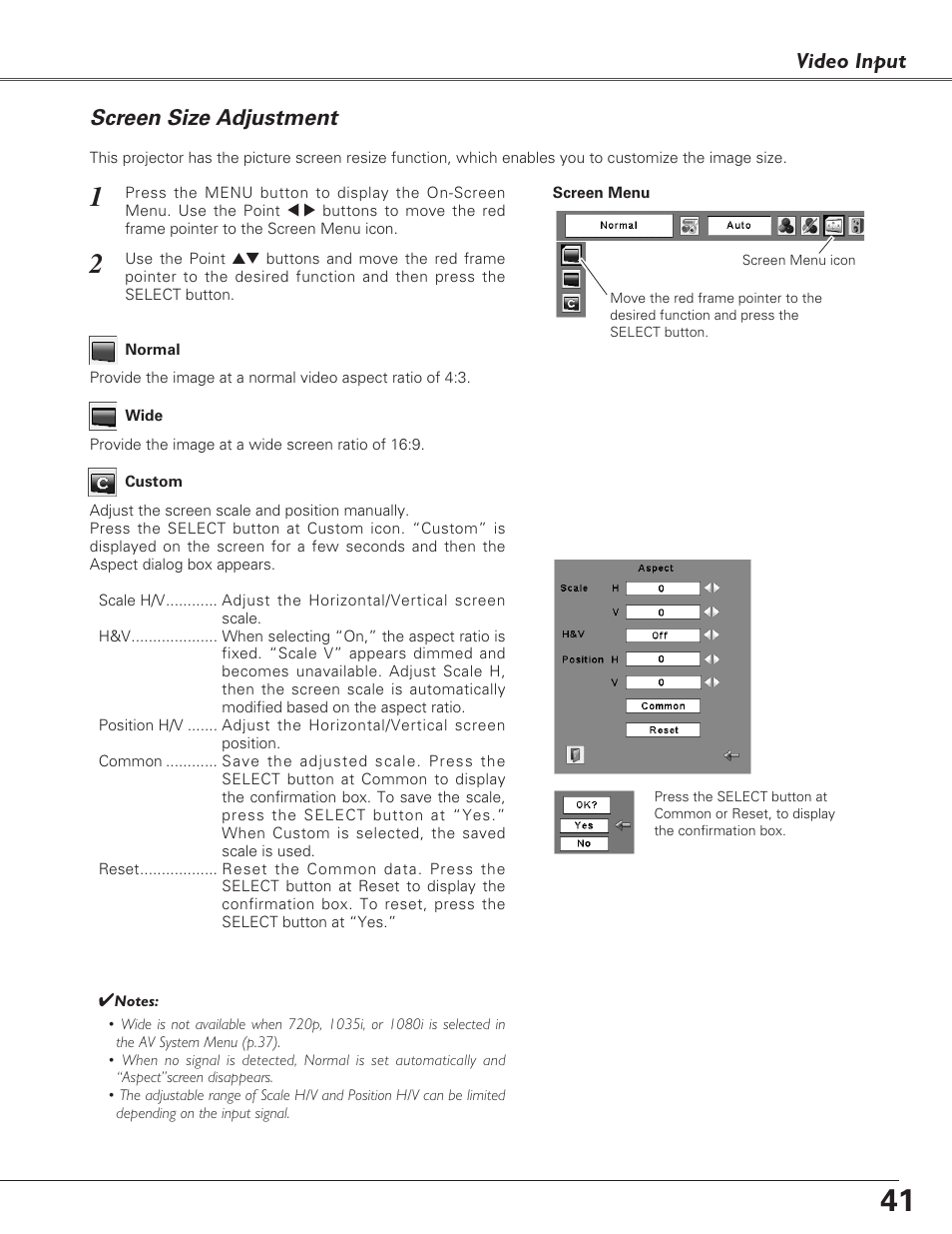 Screen size adjustment, Video input | Sanyo PLC-XL40 User Manual | Page 41 / 68