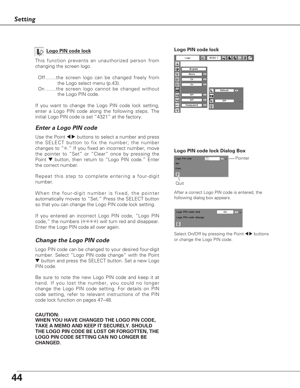 Setting | Sanyo PLC-XL40 User Manual | Page 44 / 68