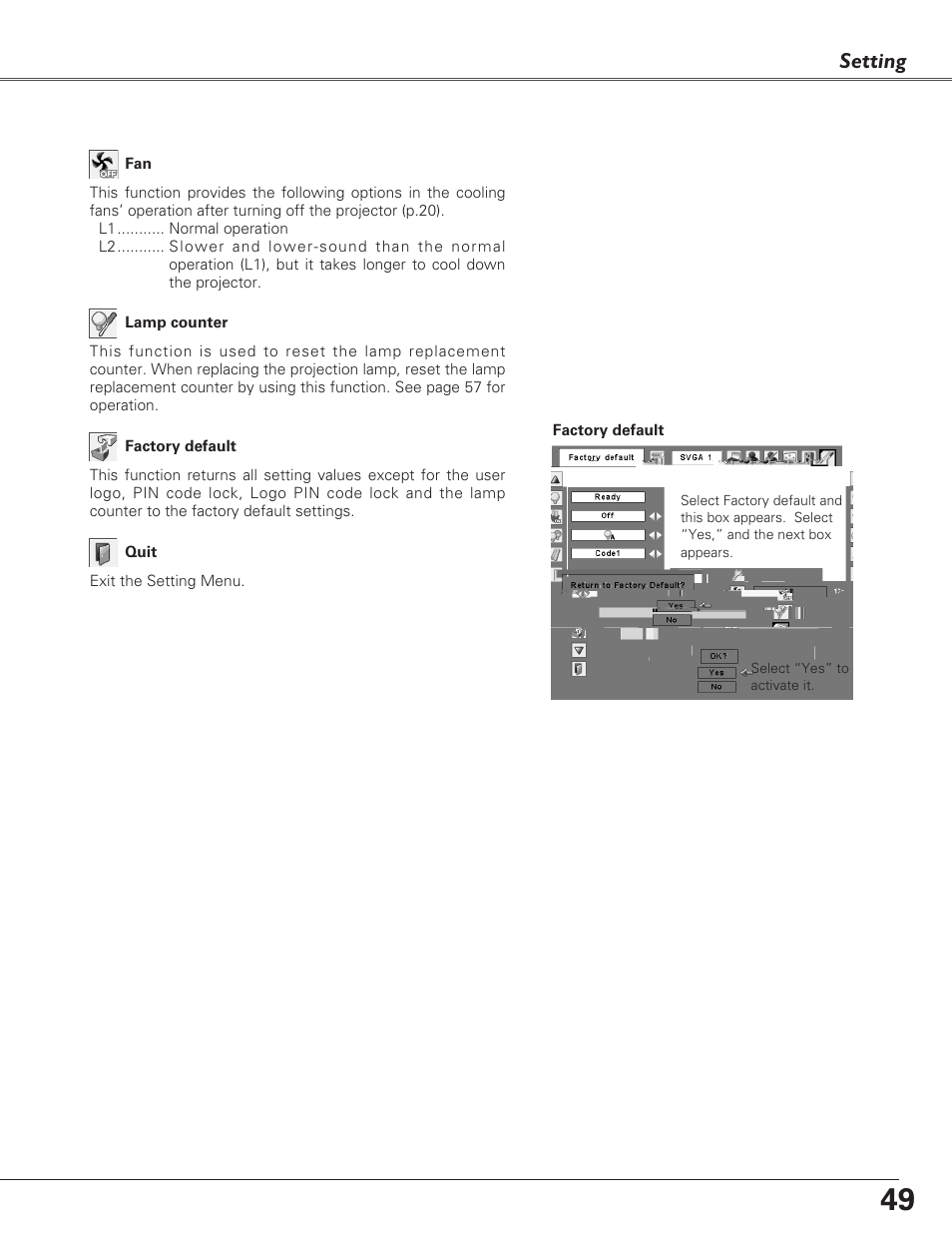 Setting | Sanyo PLC-XL40 User Manual | Page 49 / 68