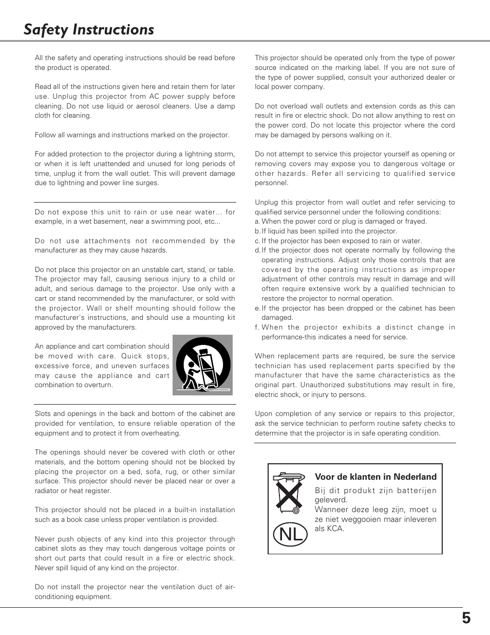 Safety instructions, 5safety instructions | Sanyo PLC-XL40 User Manual | Page 5 / 68