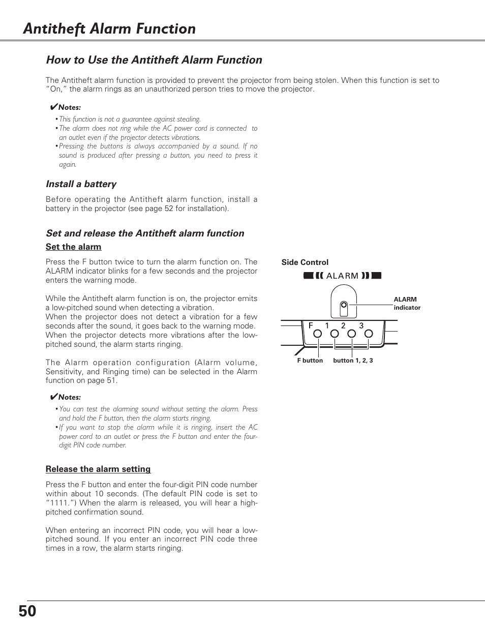 Antitheft alarm function, How to use the antitheft alarm function | Sanyo PLC-XL40 User Manual | Page 50 / 68