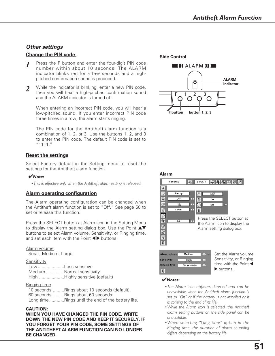 Antitheft alarm function | Sanyo PLC-XL40 User Manual | Page 51 / 68