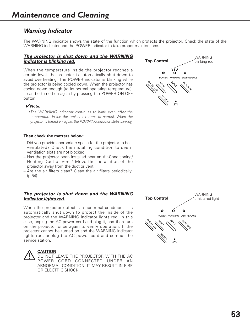 Maintenance and cleaning, Warning indicator | Sanyo PLC-XL40 User Manual | Page 53 / 68