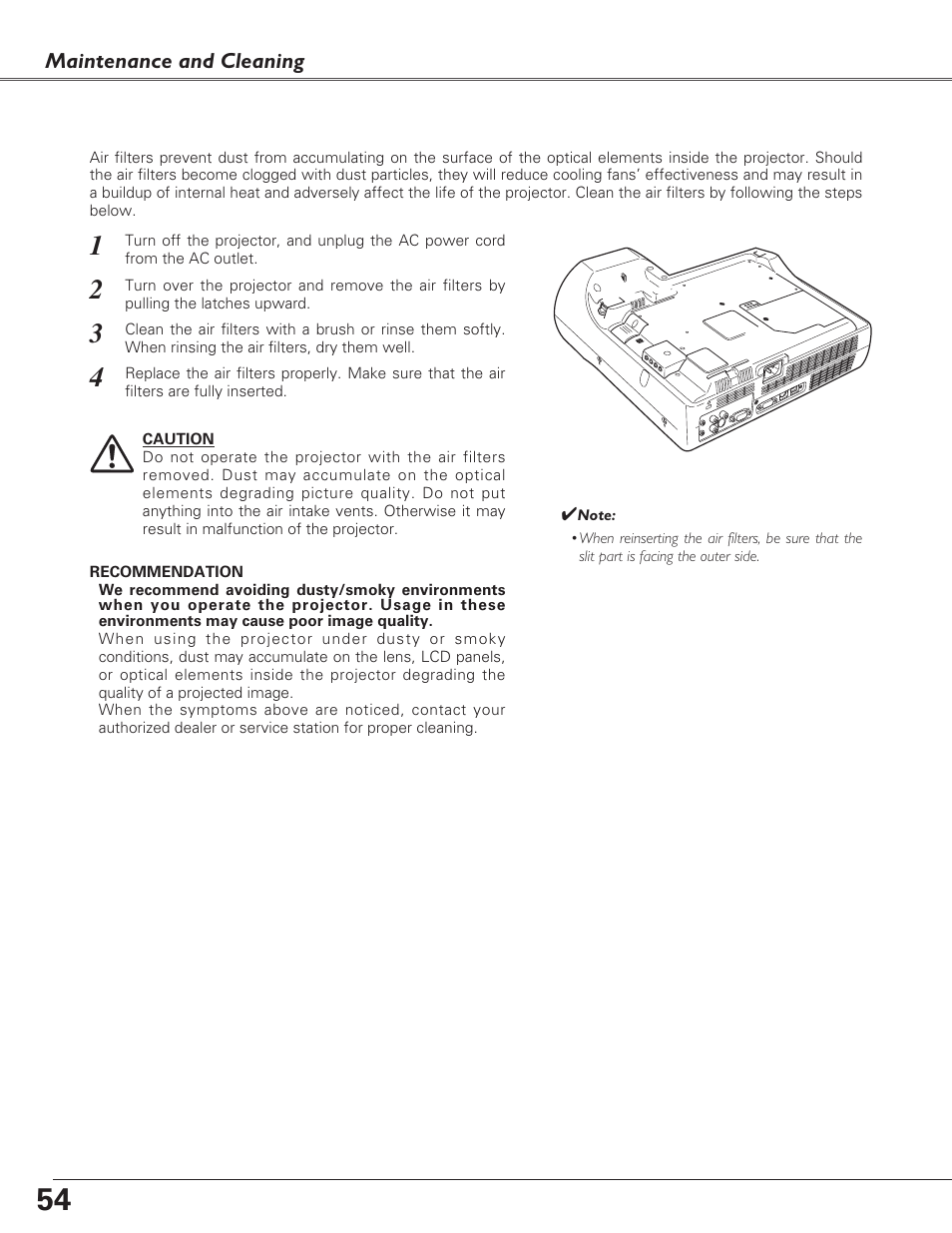 Cleaning the air filters, Attaching the lens cover | Sanyo PLC-XL40 User Manual | Page 54 / 68