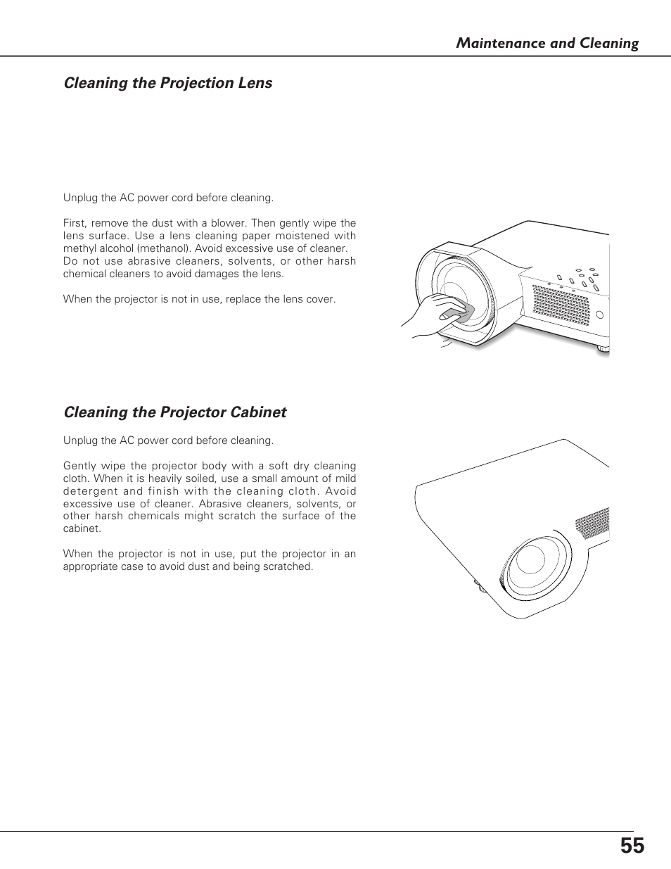 Cleaning the projection lens, Cleaning the projector cabinet | Sanyo PLC-XL40 User Manual | Page 55 / 68