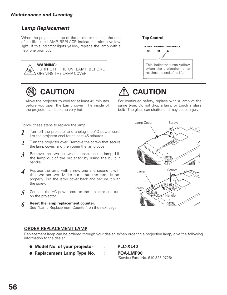 Lamp replacement, Caution | Sanyo PLC-XL40 User Manual | Page 56 / 68