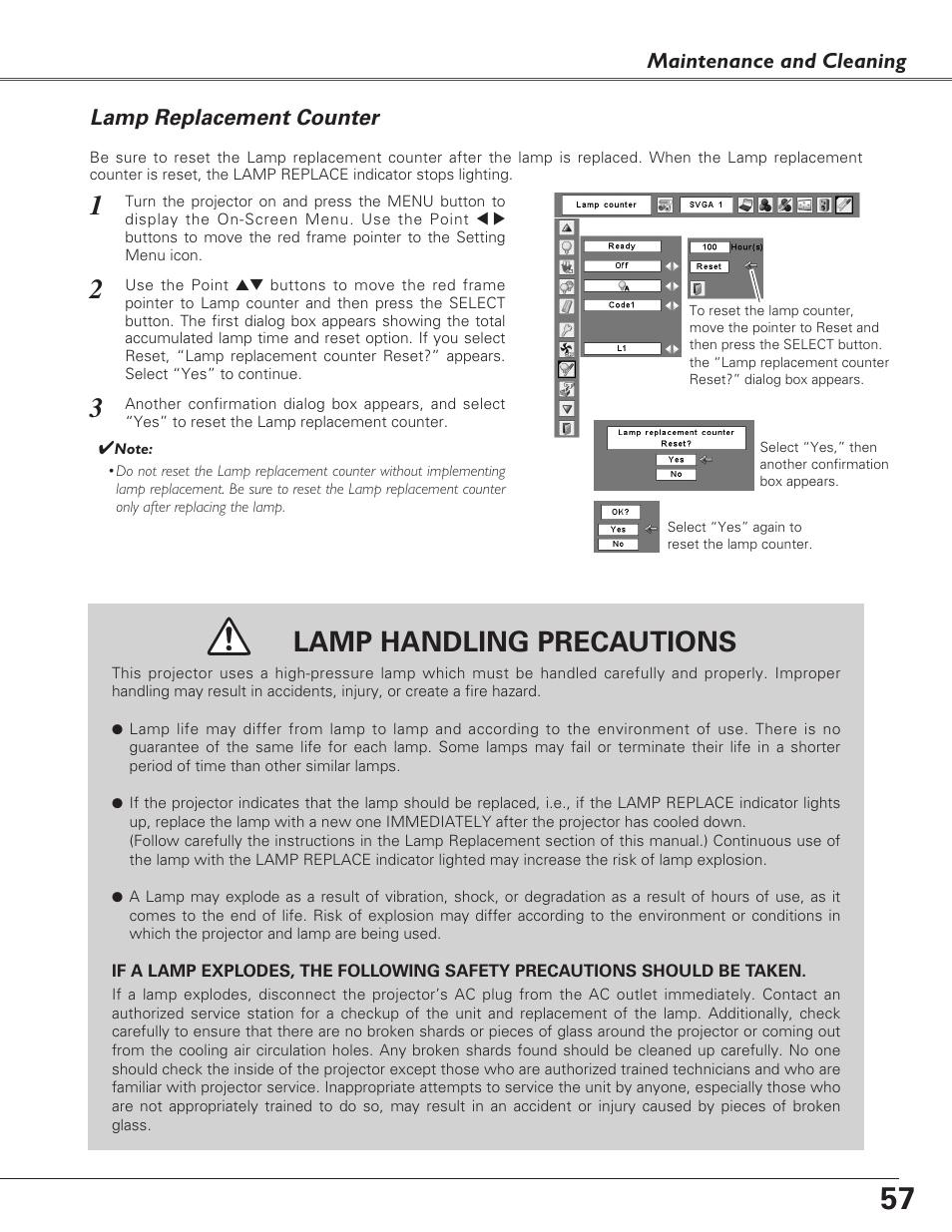 Lamp replacement counter, Lamp handling precautions, Maintenance and cleaning | Sanyo PLC-XL40 User Manual | Page 57 / 68