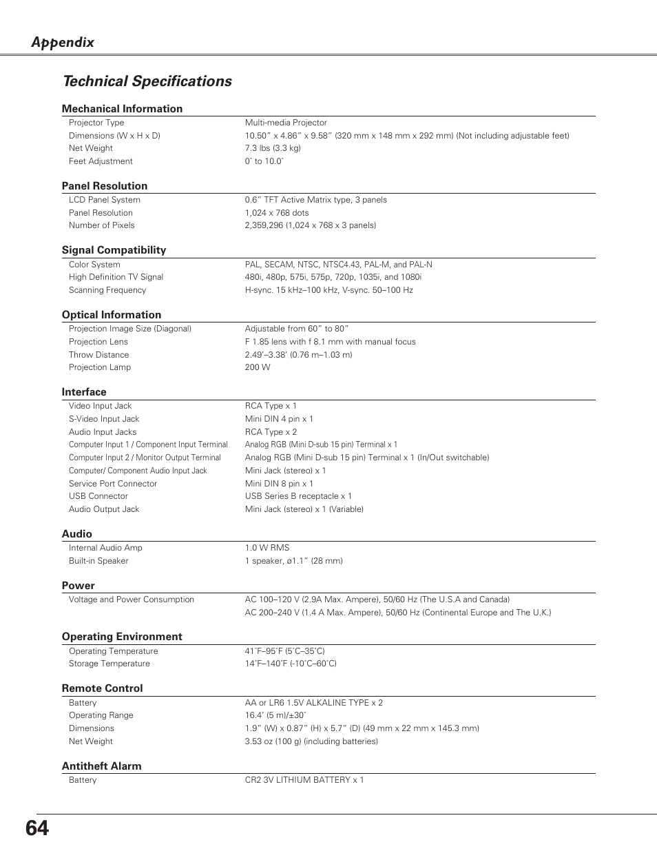 Technical specifications, Appendix technical specifications | Sanyo PLC-XL40 User Manual | Page 64 / 68