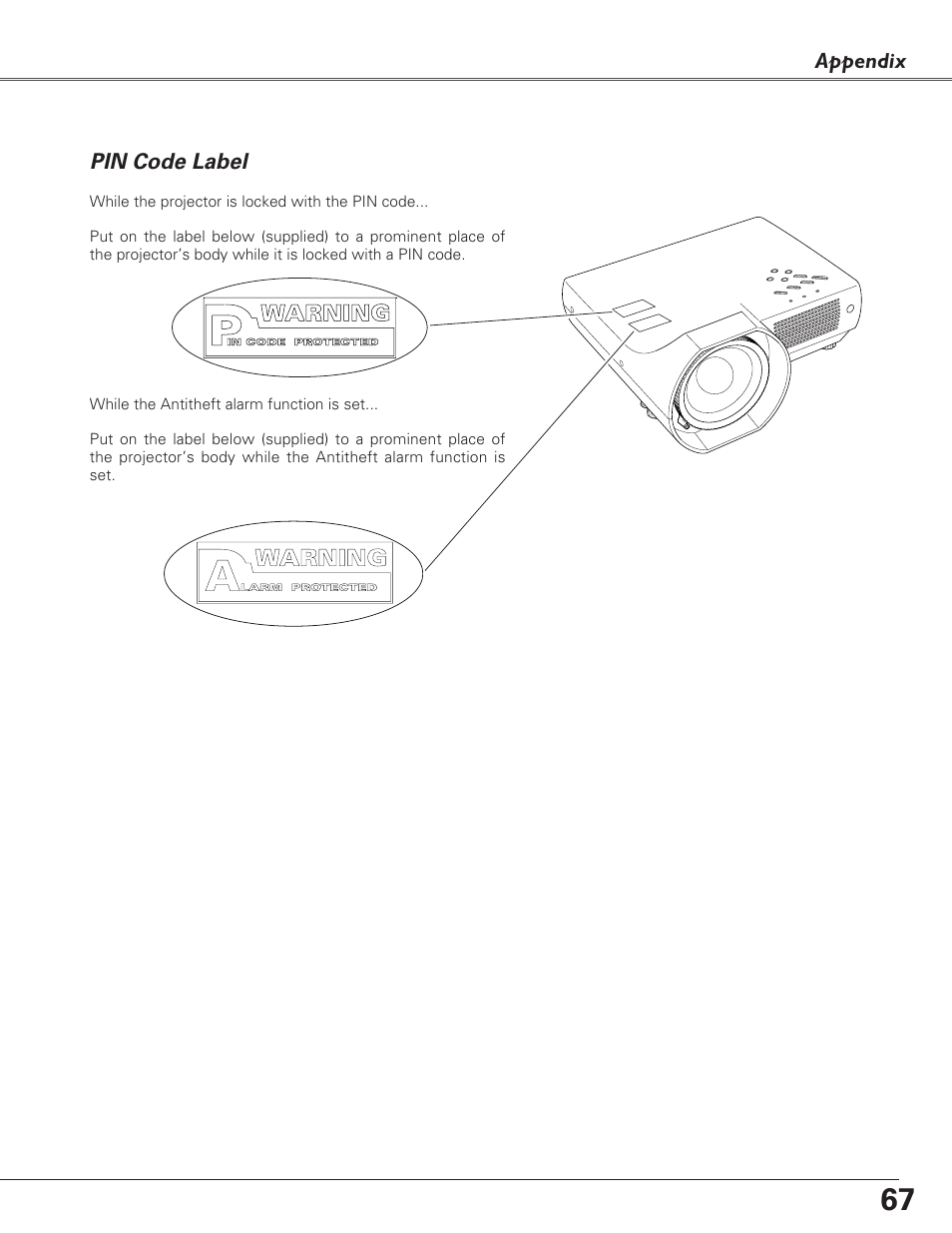 Pin code label | Sanyo PLC-XL40 User Manual | Page 67 / 68