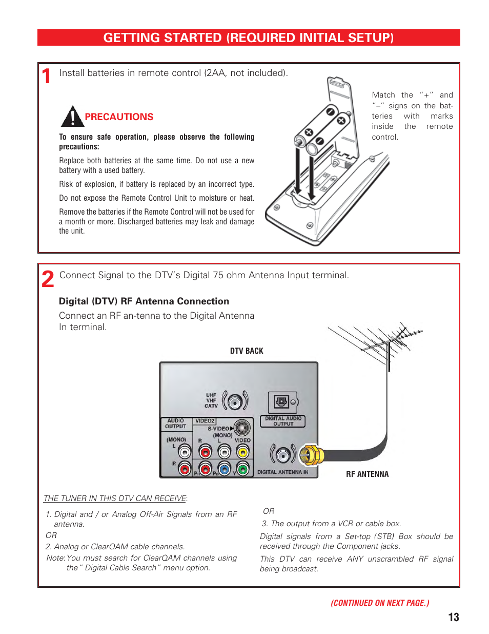 Getting started initial setup (required), Installing 2aa batteries, Digital rf antenna connection | Getting started (required initial setup) | Sanyo HT27547 User Manual | Page 13 / 45