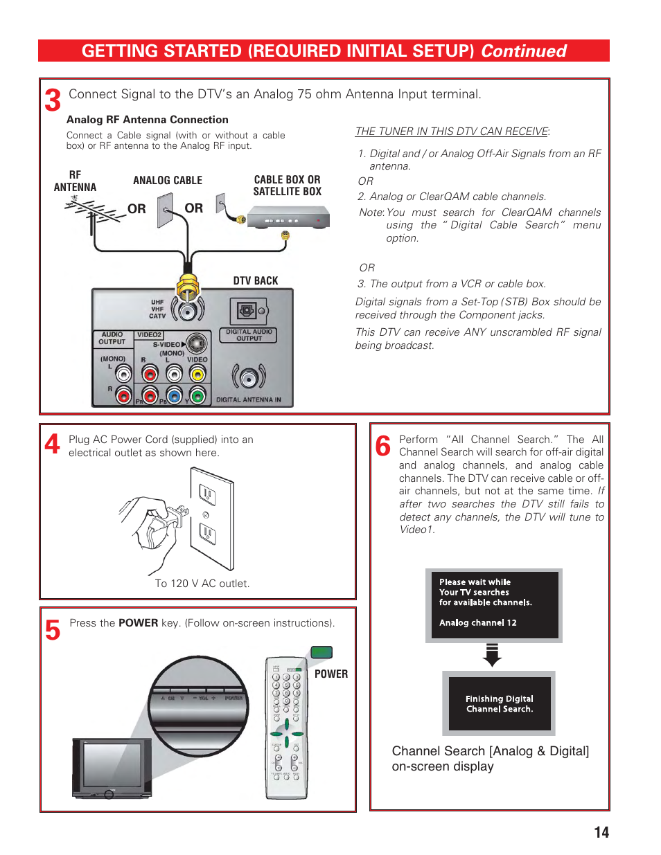 Analog 75 ohm antenna connection, Connecting the power, All channel search | Continued, Getting started (required initial setup) | Sanyo HT27547 User Manual | Page 14 / 45