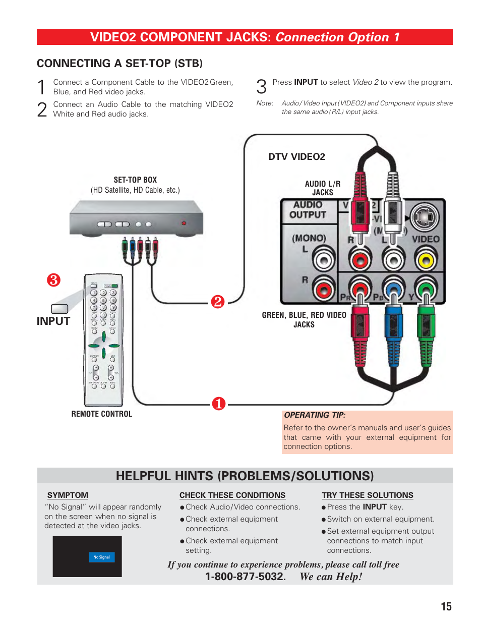 External connections, Video 2 component jacks (set-top box), Connection option 1 | Video2 component jacks, Helpful hints (problems/solutions) | Sanyo HT27547 User Manual | Page 15 / 45
