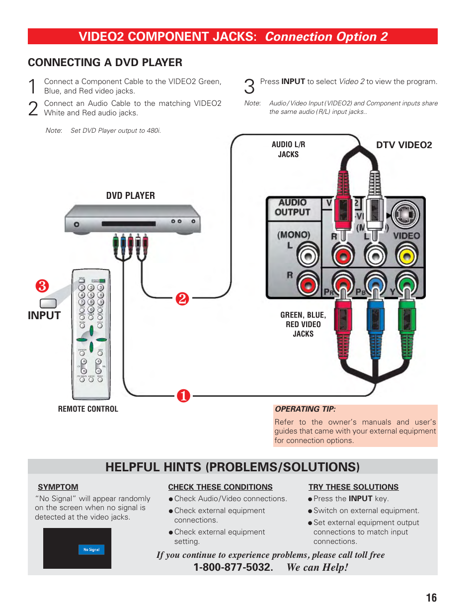 Video 2 component jacks (dvd player), Connection option 2, Video2 component jacks | Helpful hints (problems/solutions) | Sanyo HT27547 User Manual | Page 16 / 45