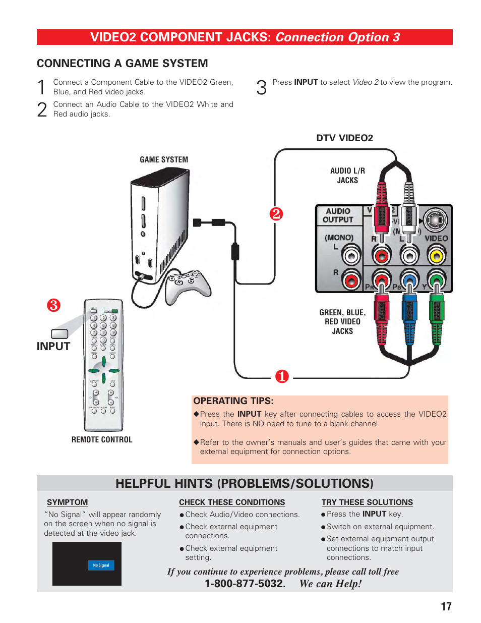 Video 2 component jacks (game system), Connection option 3, Video2 component jacks | Helpful hints (problems/solutions) | Sanyo HT27547 User Manual | Page 17 / 45