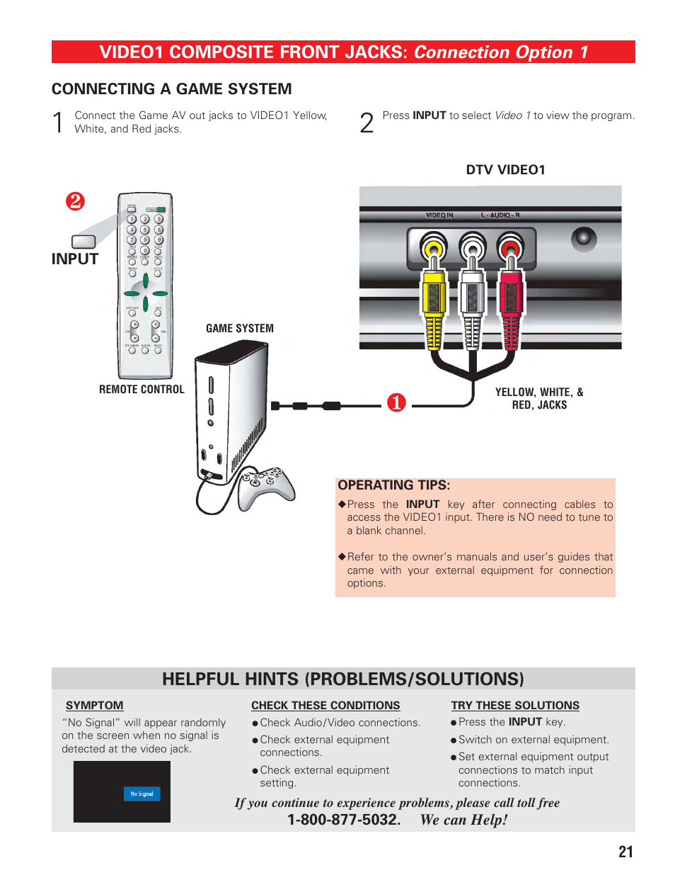 Connection option 1, Video1 composite front jacks, Helpful hints (problems/solutions) | Sanyo HT27547 User Manual | Page 21 / 45
