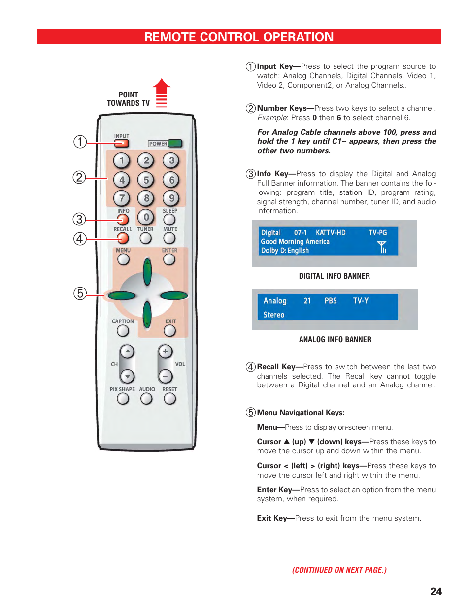 Remote control key functions, Remote control (1) | Sanyo HT27547 User Manual | Page 24 / 45