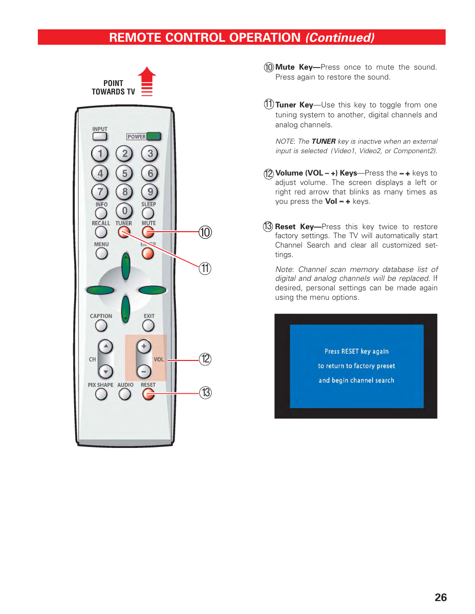 Remote control (3), Continued), Remote control operation | Sanyo HT27547 User Manual | Page 26 / 45