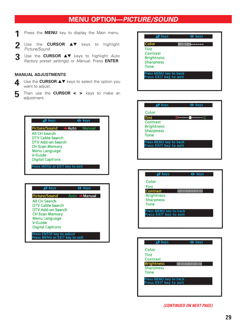 Picture / sound (1), Picture/sound, Menu option | Sanyo HT27547 User Manual | Page 29 / 45