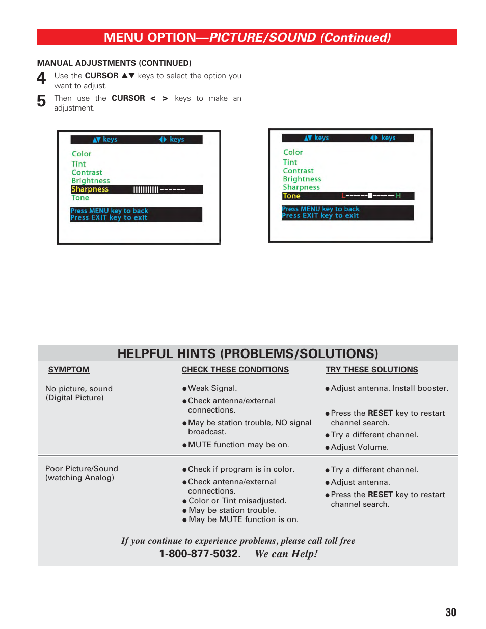 Picture / sound (2), Picture/sound (continued), Menu option | Helpful hints (problems/solutions) | Sanyo HT27547 User Manual | Page 30 / 45